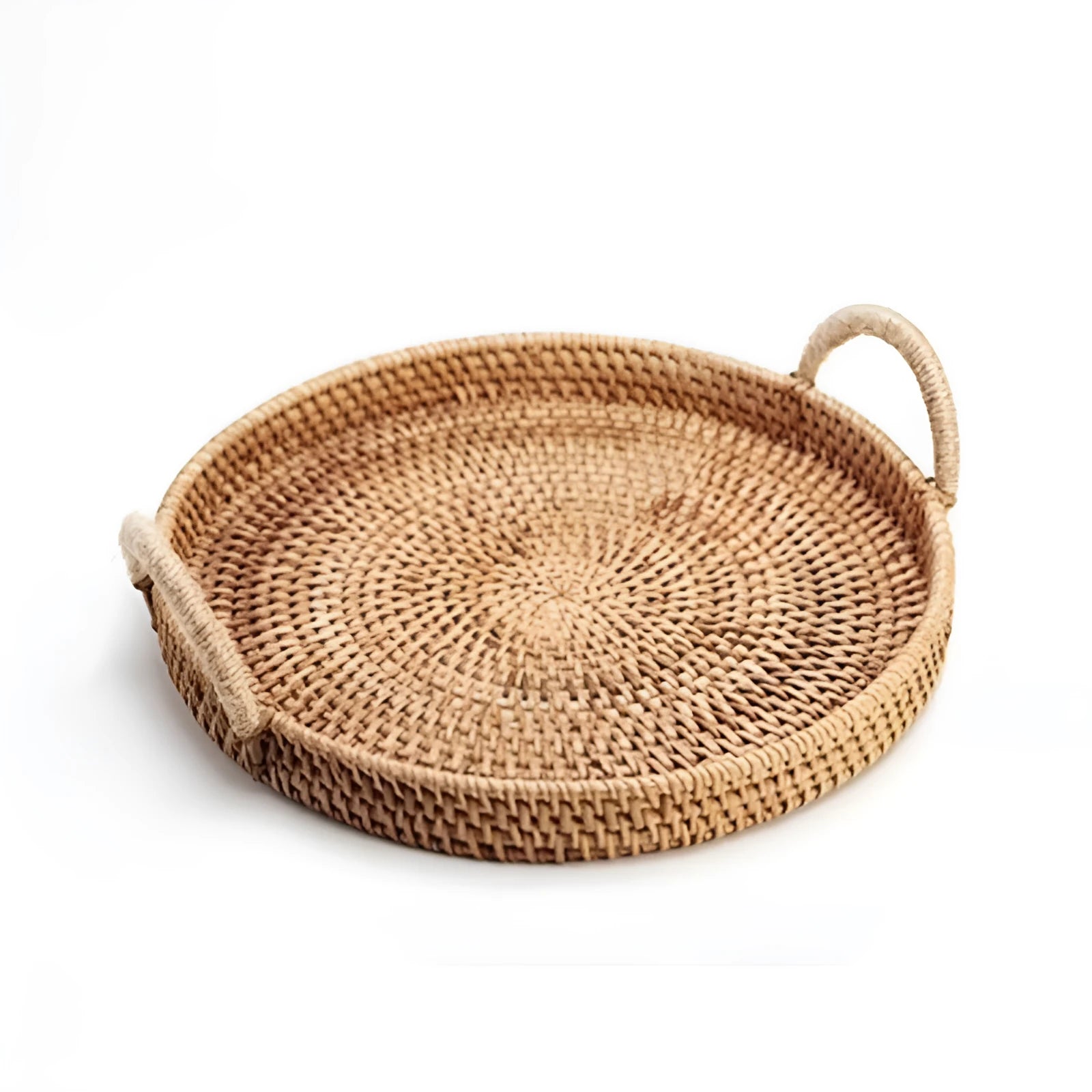 Handwoven rattan storage basket with wooden handle in three size options for home organisation