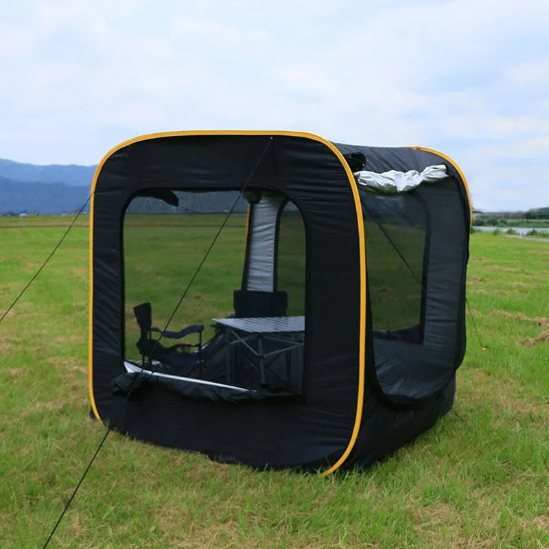 Black pop-up outdoor camping car tail tent with steel frame unfolded to 200x200x200cm dimensions