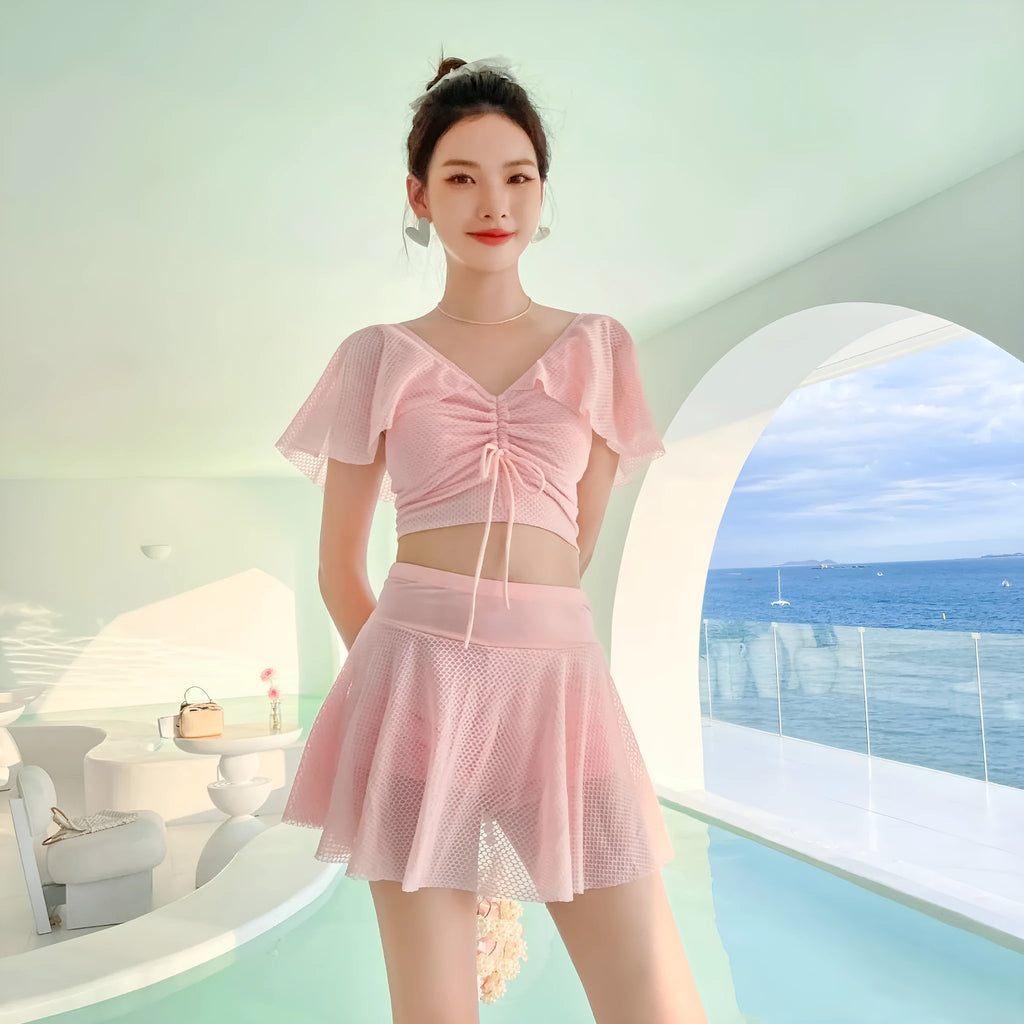 Women's two-piece skirt swimsuit set in solid colour for swimming and wading