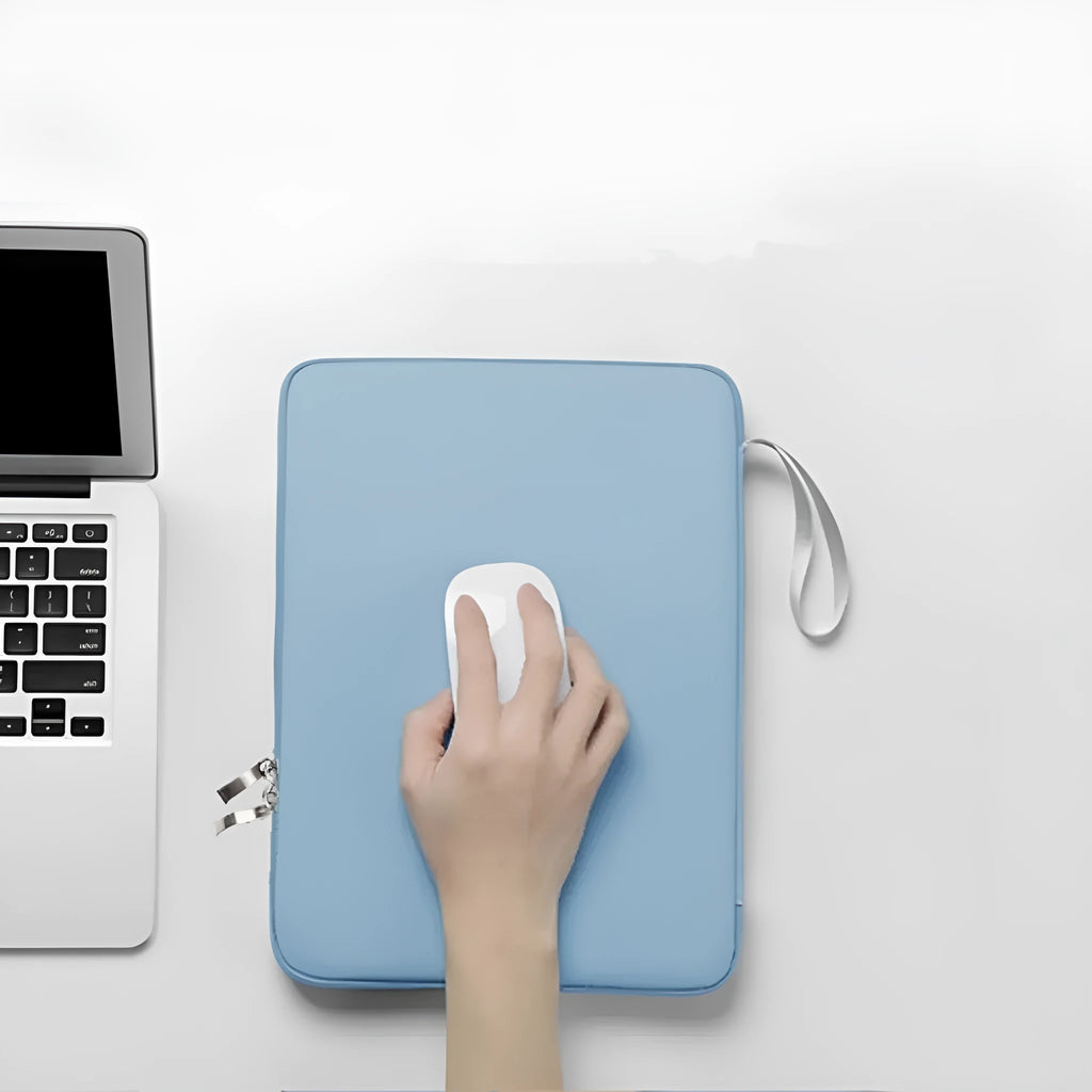 Imitation leather tablet protective case with a carrying handle in black, light grey, pink, or sky blue.