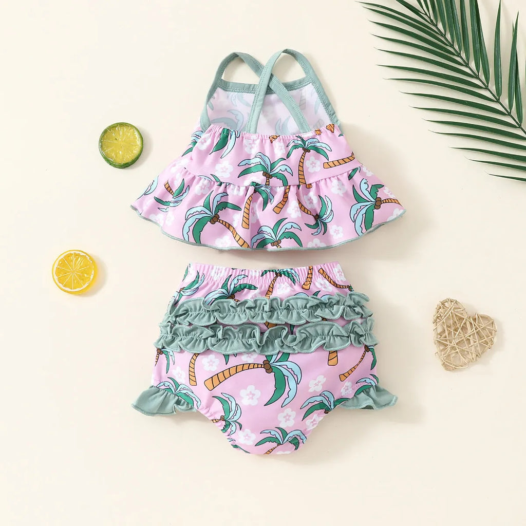 White children's two-piece swimsuit set with shirt and shorts for ages 6 months to 3 years