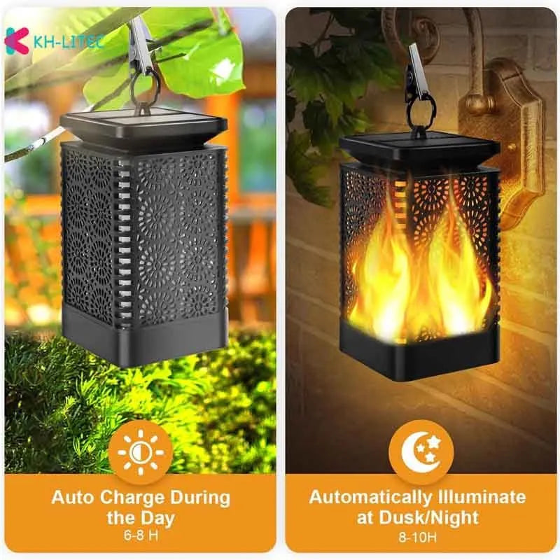 Black solar-powered garden torch light with flame-effect LED, 47cm length, waterproof IP44 rating for outdoor use