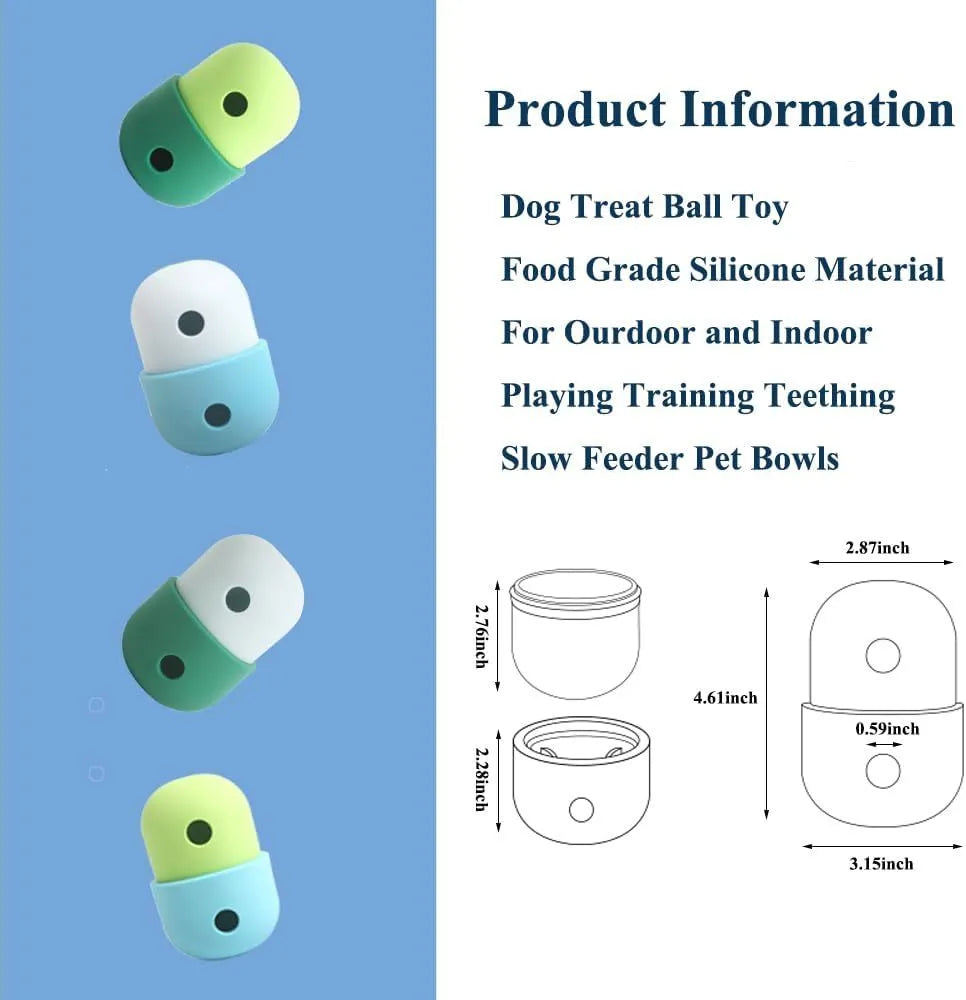 White and blue dog treat puzzle ball on floor, 8cm diameter, for interactive play with small dogs
