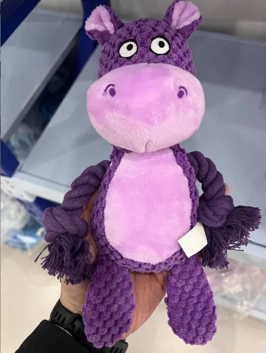 Plush sound-emitting dog toy with cotton rope elements in hippo design