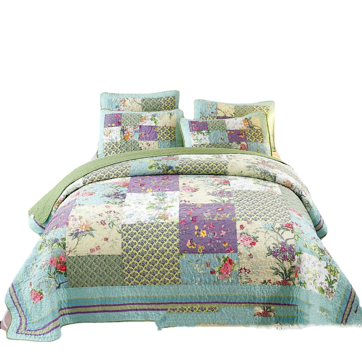 Pure cotton three-piece bedding set with quilted flower splicing pattern, bedspread-style, for 2.0m bed.