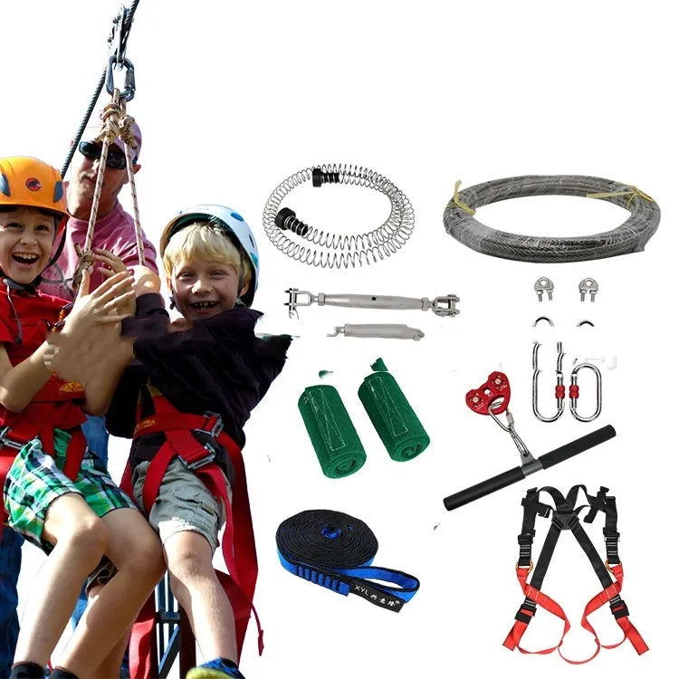 XYL Ziptreck pulley slide rope kit with 10-metre rope, alloy steel components, and safety retractor for children's outdoor play