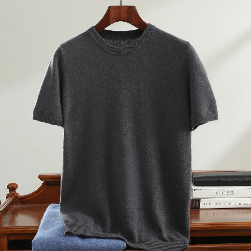 Men's round neck short sleeve sweater in steady black, loose fit pullover, casual youth jumper.