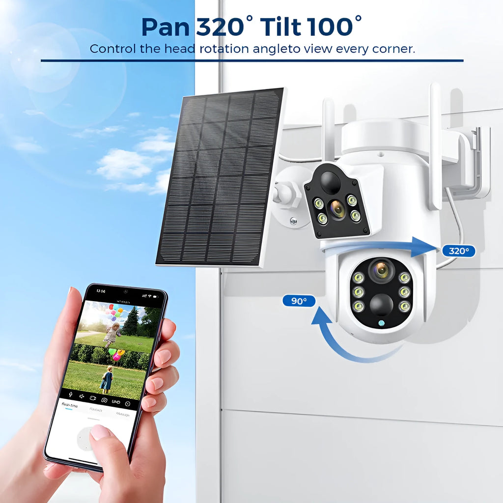 White wireless outdoor security camera with solar panel on a wall bracket.