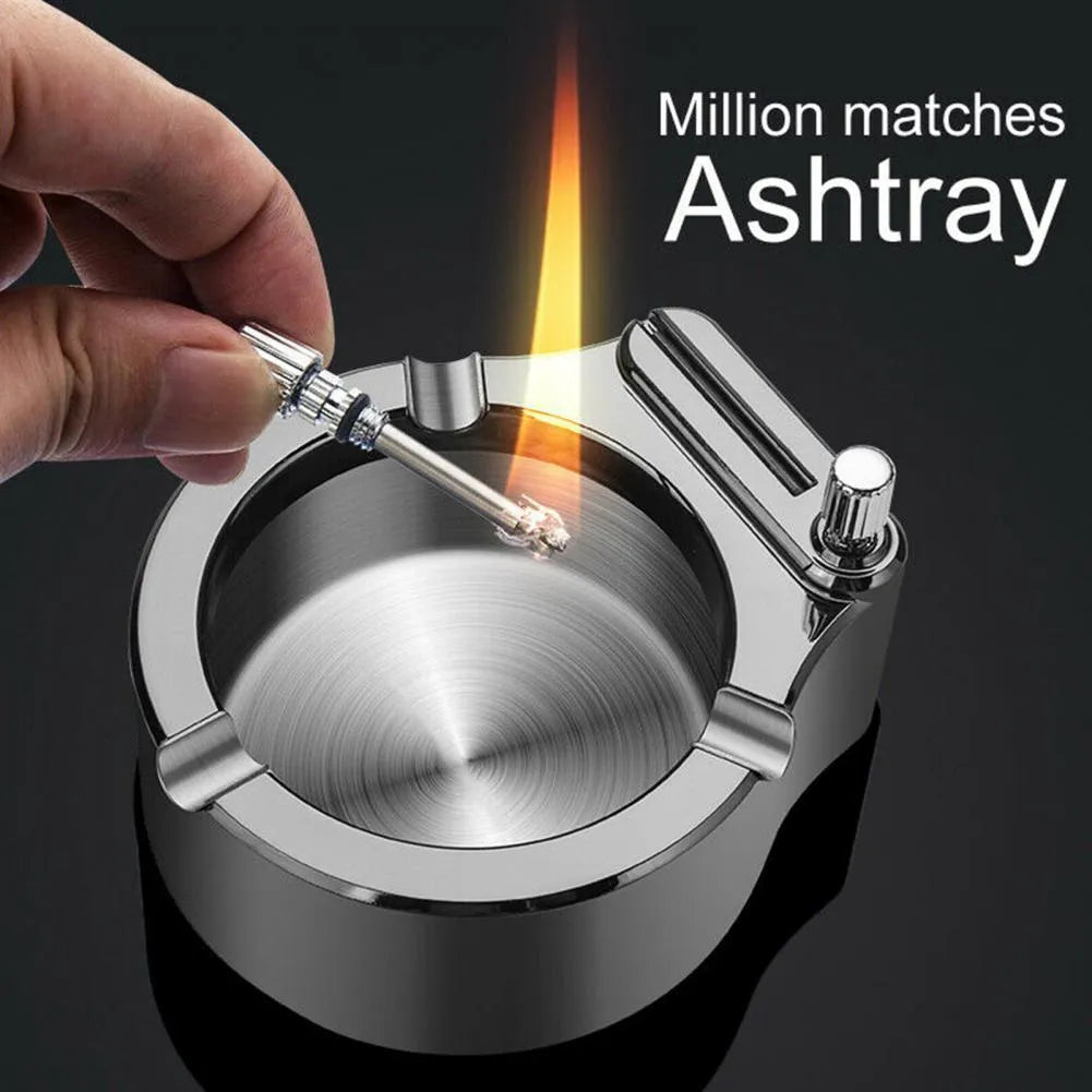 Large metal ashtray with sliding permanent match lighter and three fixed cigarette slots in blue colour
