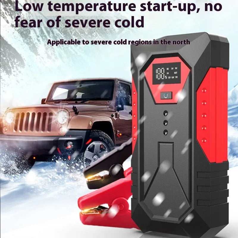 Red 12V car emergency jump starter power bank with battery clamps and 18800mAh capacity