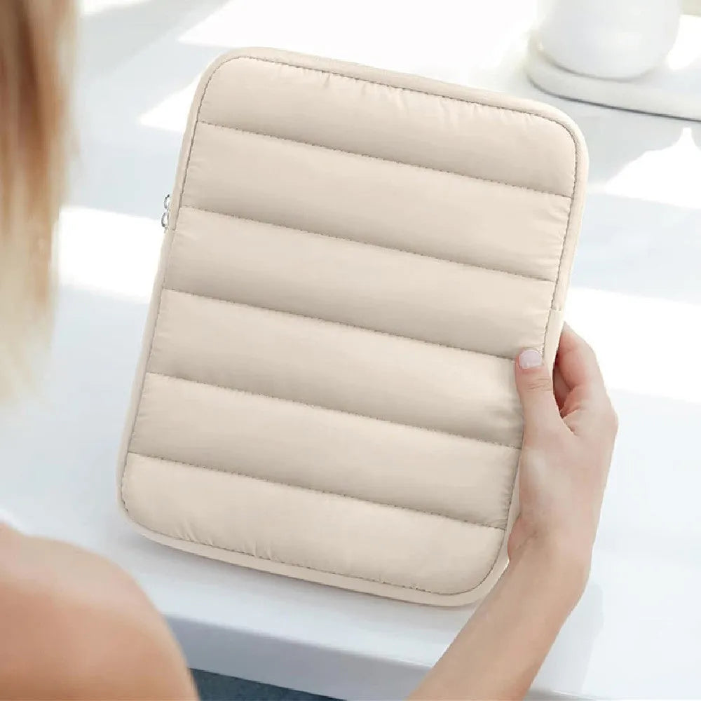 Puff Bag Fluffy Air Feeling Laptop Sleeve in black showing elastic sides and waterproof polyester lining