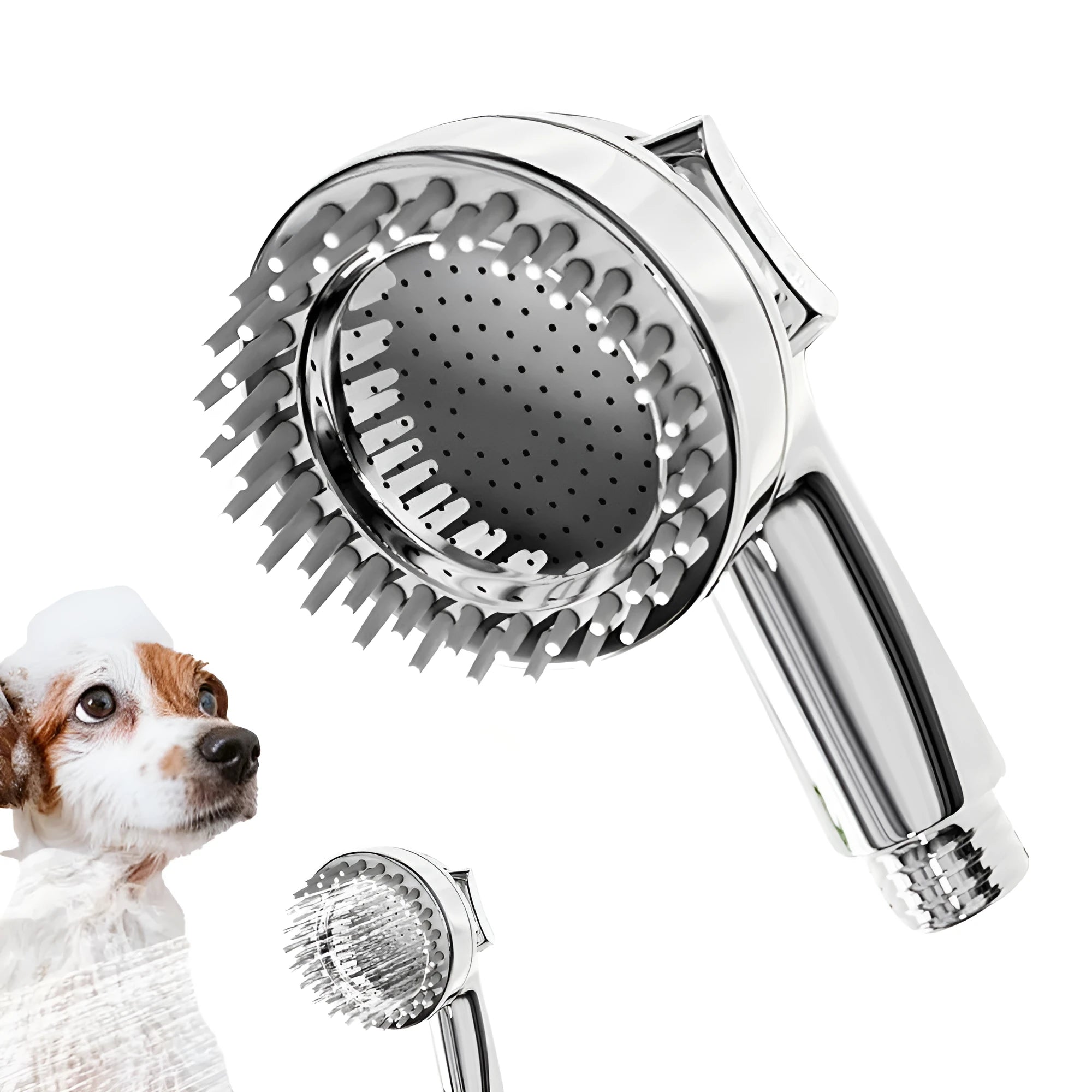 Silver dog shower attachment with silicone comb teeth and ergonomic grip for bath time