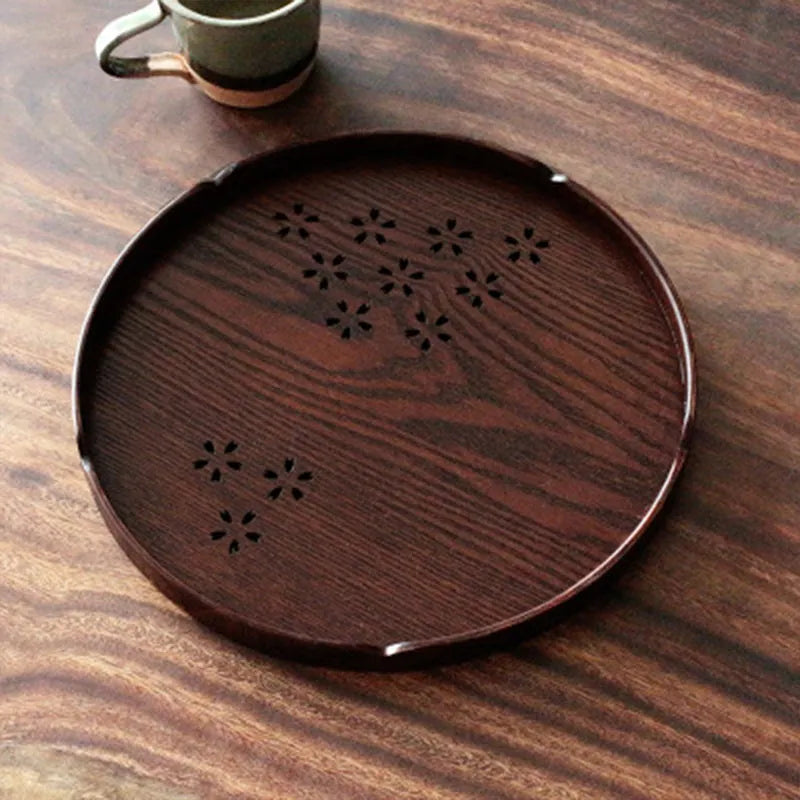 Wooden 30cm diameter plate with hollow cherry blossom design for fruit and dessert serving