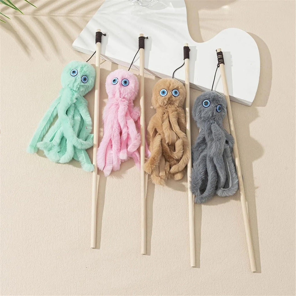 Octopus-themed cat toy on a 40cm stick in bright colours for indoor kitten play