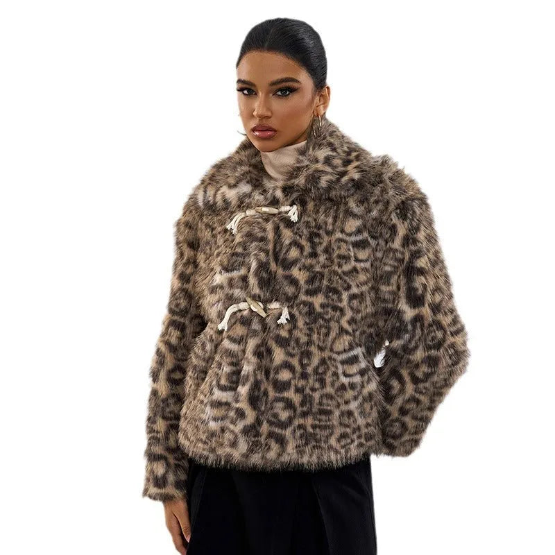 Women's leopard print coat with regular sleeves, 50cm length, in street fashion style