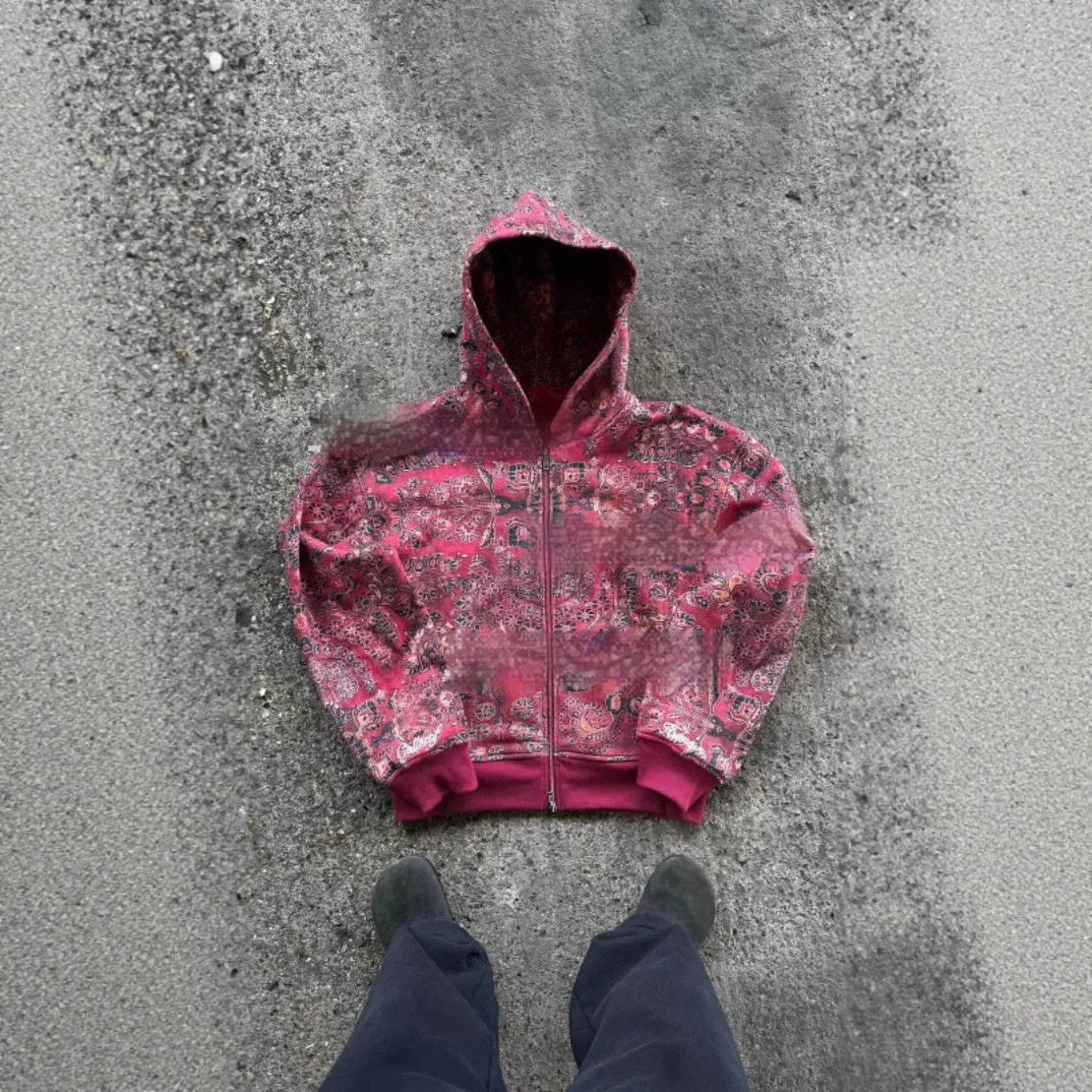 Men's loose hooded zip coat in digital print polyester fabric for casual autumn wear