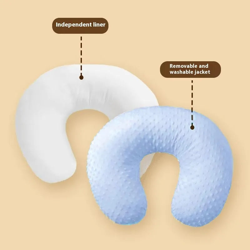 Nursing pillow with water-resistant cover in light blue, showing 35cm width and 15cm height for breastfeeding support