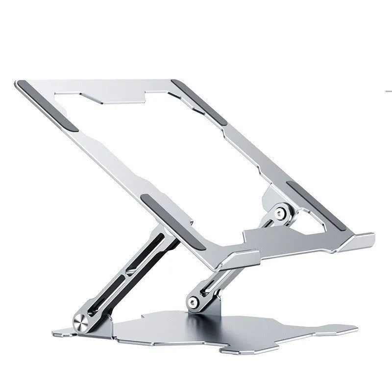 Grey aluminium alloy laptop stand folded flat with adjustable angle and silicone pads