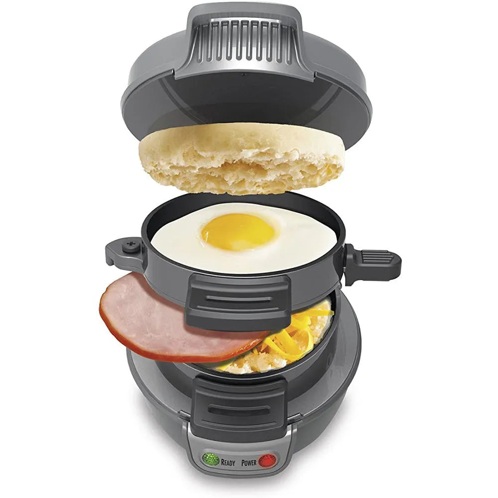 Household breakfast machine in bright red with sandwich maker and egg cooker ring, 22cm by 17.5cm size