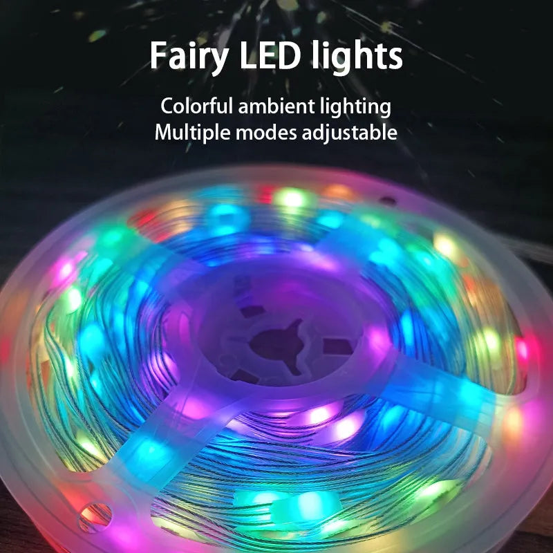 10-metre long flexible LED light string with 100 multi-colour bulbs lit up in a garden setting.