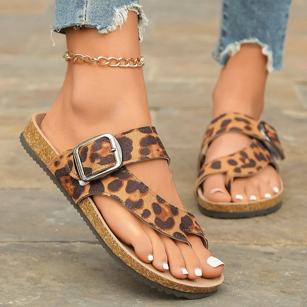 Leopard print Roman style slippers with covering toe design and wooden sole