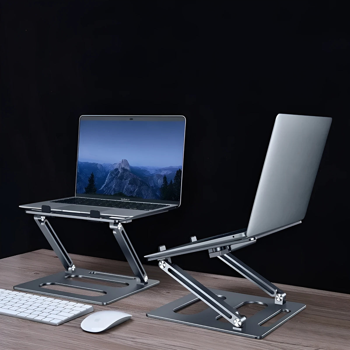 Adjustable metal laptop stand in silver or dark grey, aluminium alloy and silicone, 260x248x35mm, 340mm lift