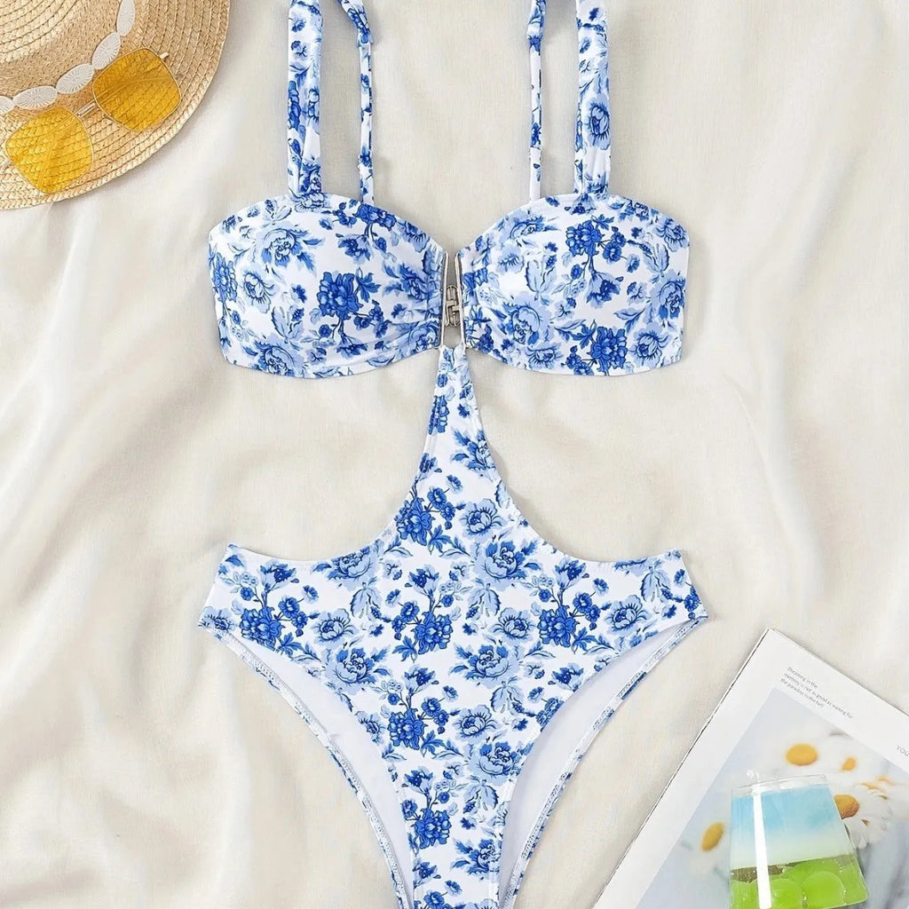 Girls blue and white porcelain floral print one-piece swimsuit in polyester, sizes S M L