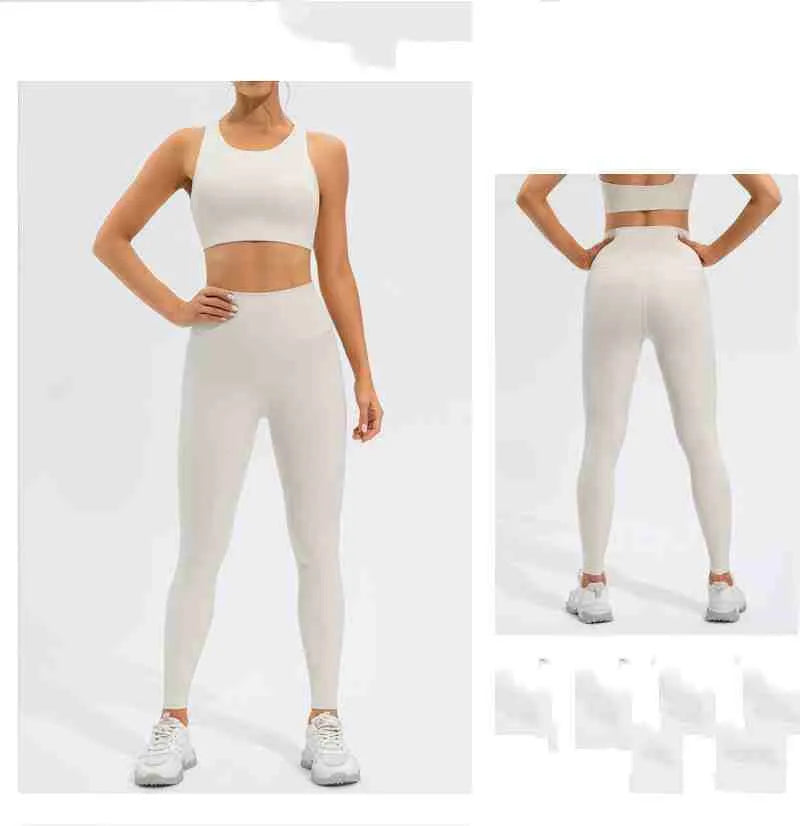 High waist Lycra yoga set for women, tight top and pants in off-white, black or dark brown, sizes S-XL