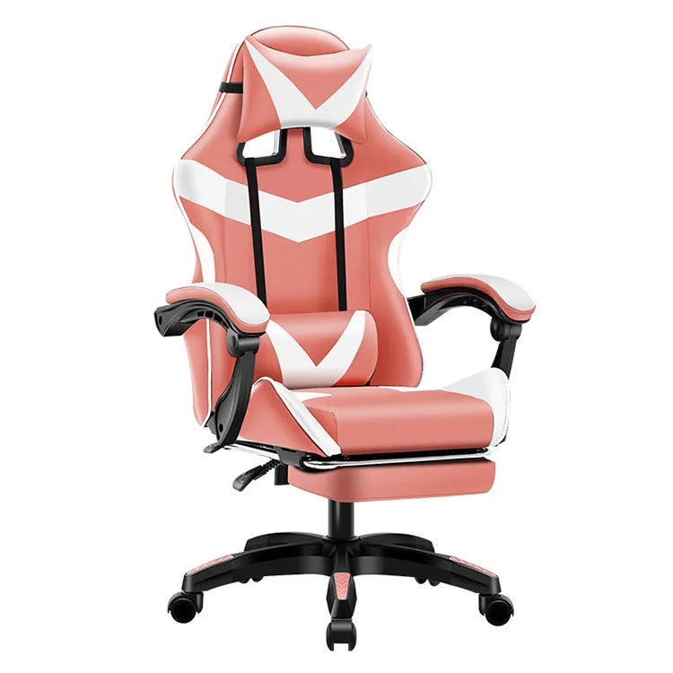 Gaming chair in black and red with footrest, showing reclining backrest and alloy frame