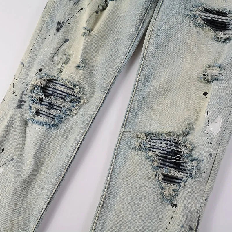 Men's light coloured paint splash ink wash jeans in cotton blend denim with medium to low waist, small straight leg, sizes 28 to 40