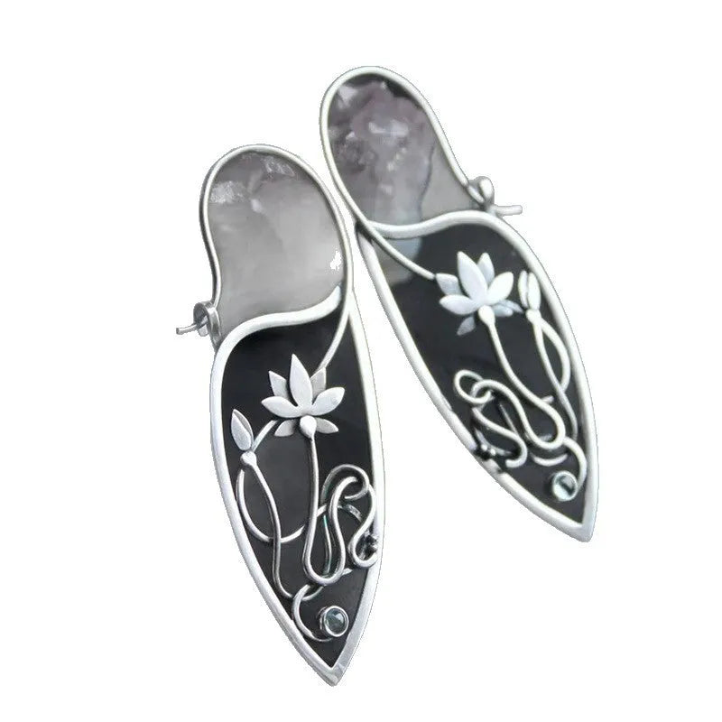 Silver lotus vine earrings with geometric retro design and round elements for women