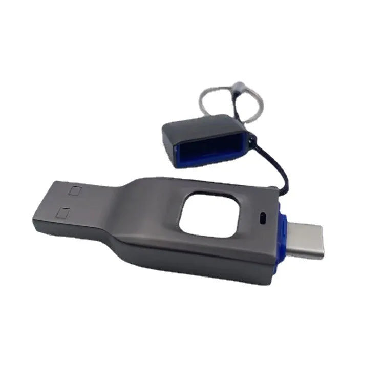 Black fingerprint USB disk showing USB 3.0 connector and Type-C connector with biometric sensor