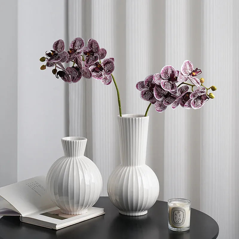 White ceramic ball vase with hand-painted blue stripes, American country style, 30cm height