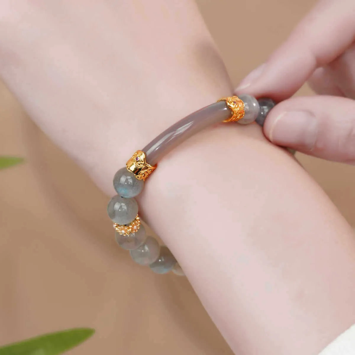 Gray moonstone agate women's bracelet with 8mm round beads in half-bracelet design