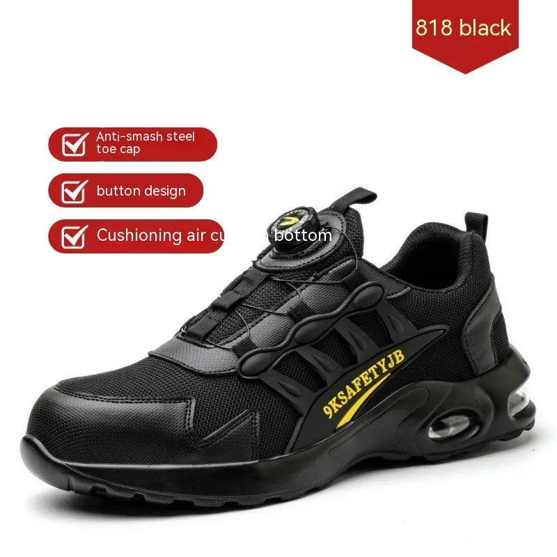 Men's 818Black suede safety shoes with steel toe, rubber sole, and front lace-up, sizes 37-46.