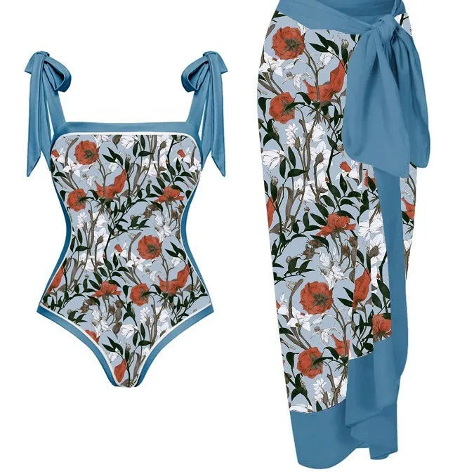Women's printed chiffon swimsuit with matching hip skirt in floral pattern