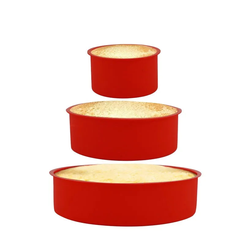Red round silicone cake mould showing three sizes: 4-inch, 6-inch, and 8-inch diameters