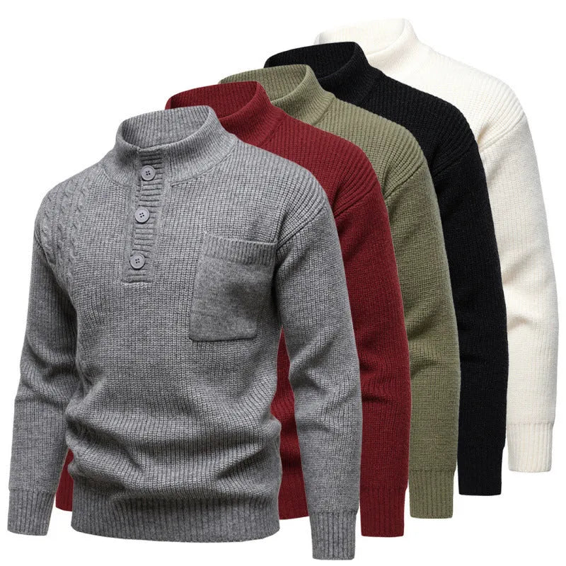 Men's Henry stand collar sweater with batwing sleeves, ribbed hem, in black, beige, grey or Bordeaux red, sizes M to 4XL.
