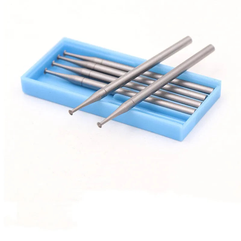 Six tungsten steel carving cutters with thin disc needle heads in sizes from 1.0mm to 2.0mm, each with a 2.35mm mandrel.