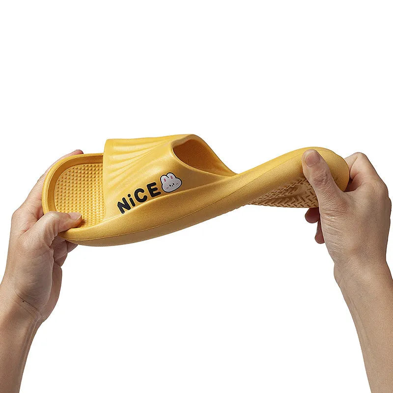 Adult unisex EVA flip-flop slippers with cartoon pattern in various colours on non-slip sole.
