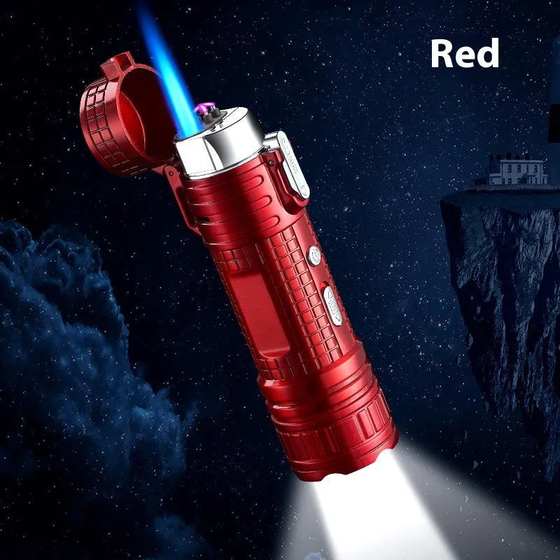 TH727 multi-function waterproof flashlight lighter in metal construction with colour options including camouflage, red, black, blue, and yellow
