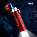 TH727 multi-function waterproof flashlight lighter in metal construction with colour options including camouflage, red, black, blue, and yellow