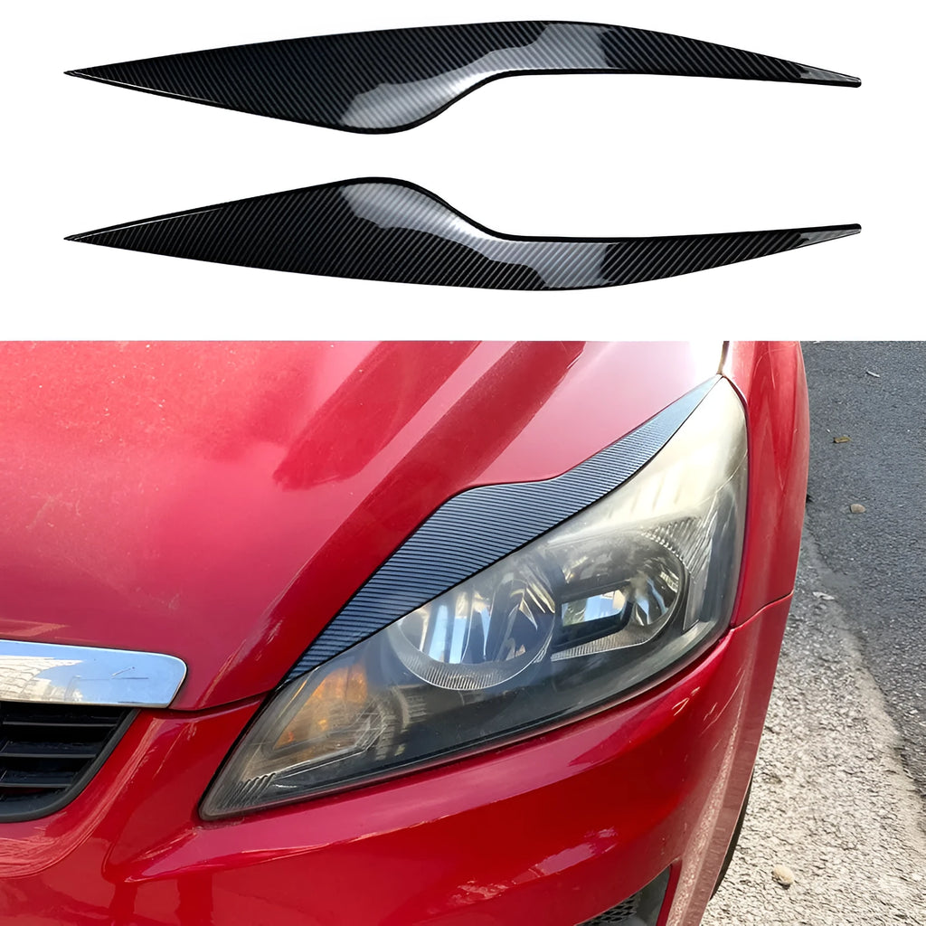 Ford Focus headlight eyebrow stickers in carbon fibre pattern and piano black finishes