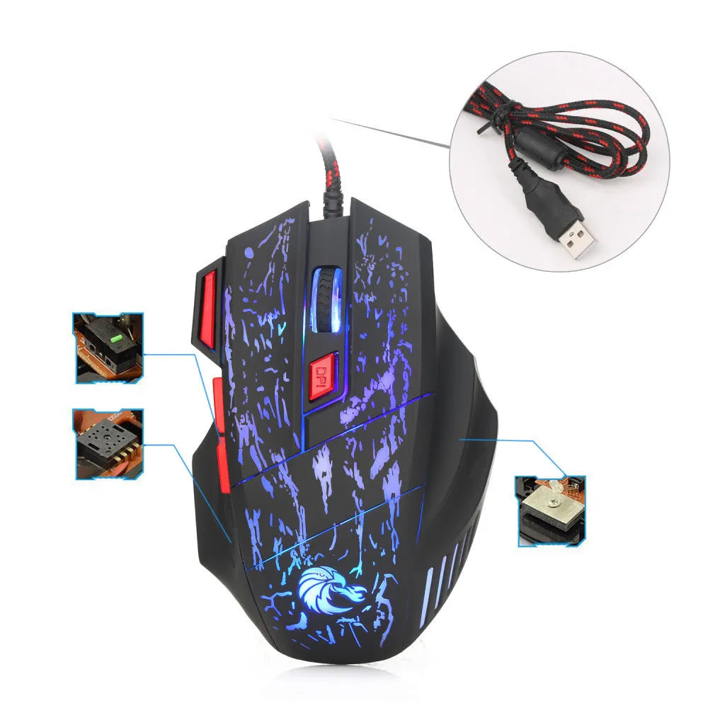 Water crack colourful luminous gaming mouse with USB cable on desktop surface