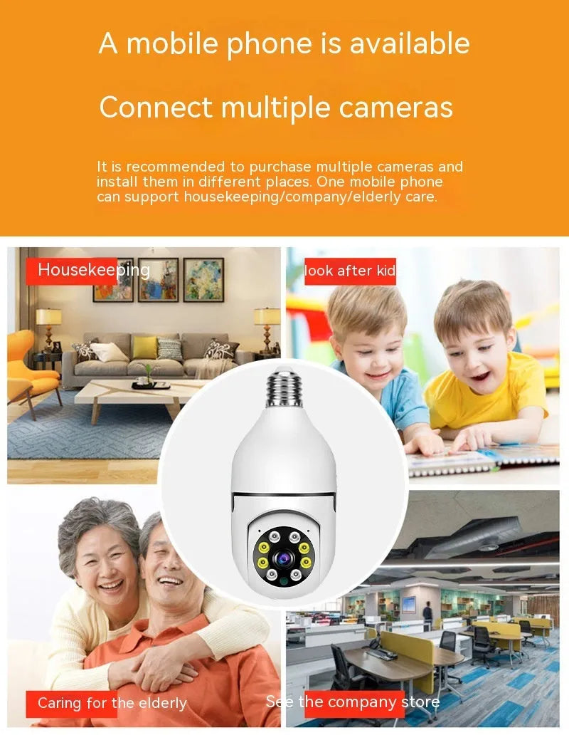 Compact bulb security camera with 5cm x 12cm dimensions showing lens and wifi connectivity for 1080p monitoring