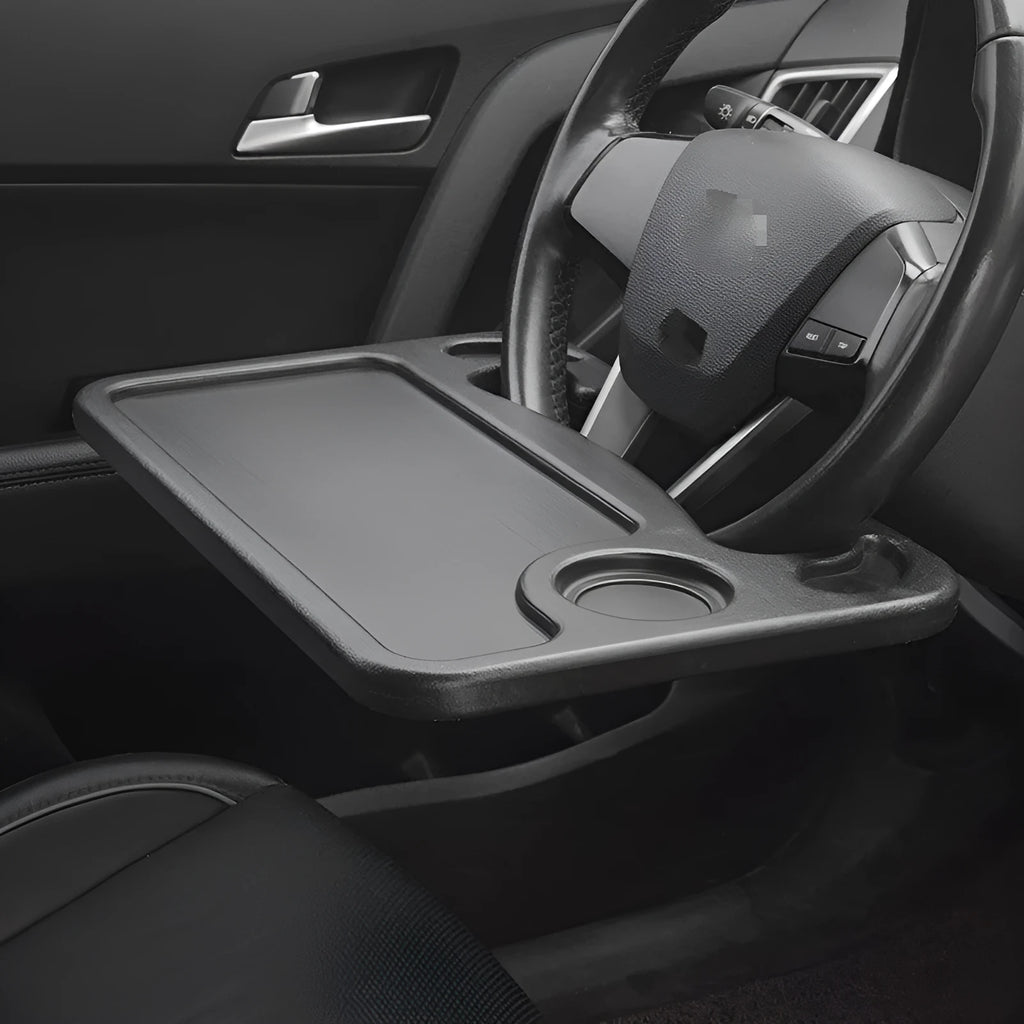 Black foldable plastic car desk measuring 42 by 28 centimetres, shown as a multifunctional vehicle tray