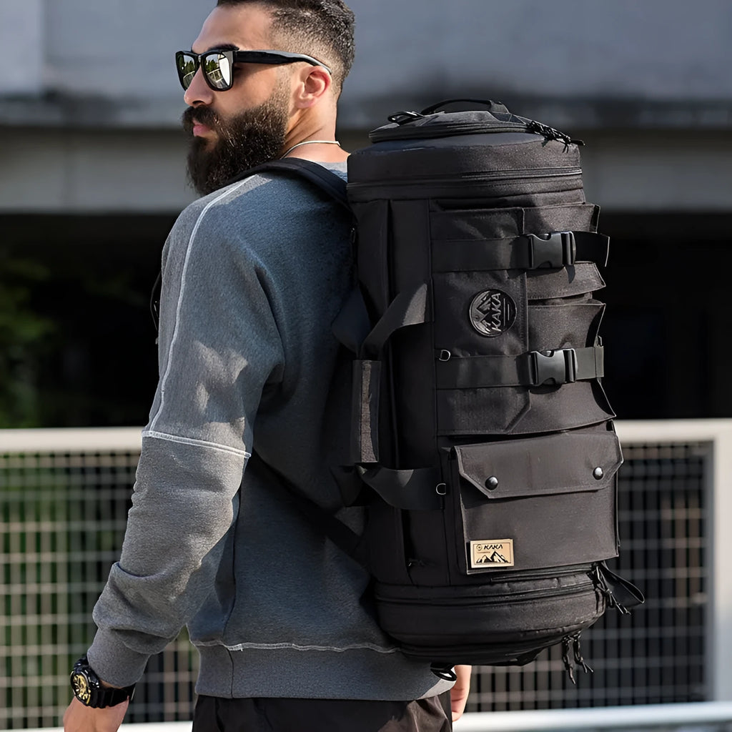 Black men's hiking backpack in Oxford cloth with single shoulder strap and zipper compartments for travel