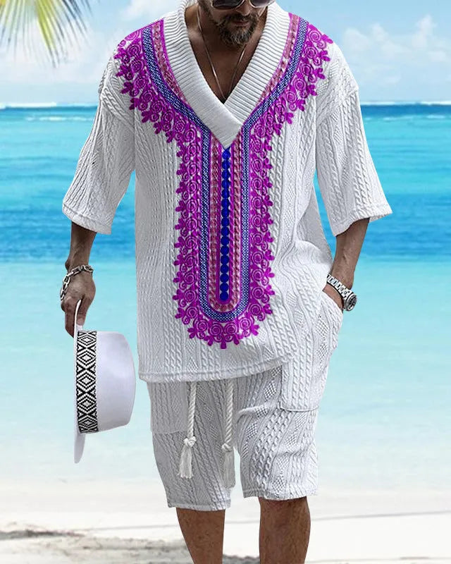 Printed drop-shoulder men's knitted short-sleeved shorts suit in chemical fibre blend, available in multiple colours and sizes