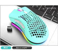 Hollow out wireless mouse with luminous effects in black, cyan, or white, showing dimensions of 123mm by 72mm by 46mm