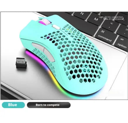 Hollow out wireless mouse with luminous effects in black, cyan, or white, showing dimensions of 123mm by 72mm by 46mm